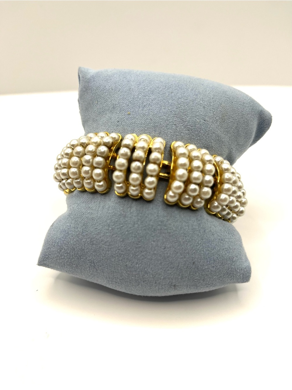 Napier Gold-Tone Bracelet with White Pearl Rows Fold Over Clasp Closure Signed